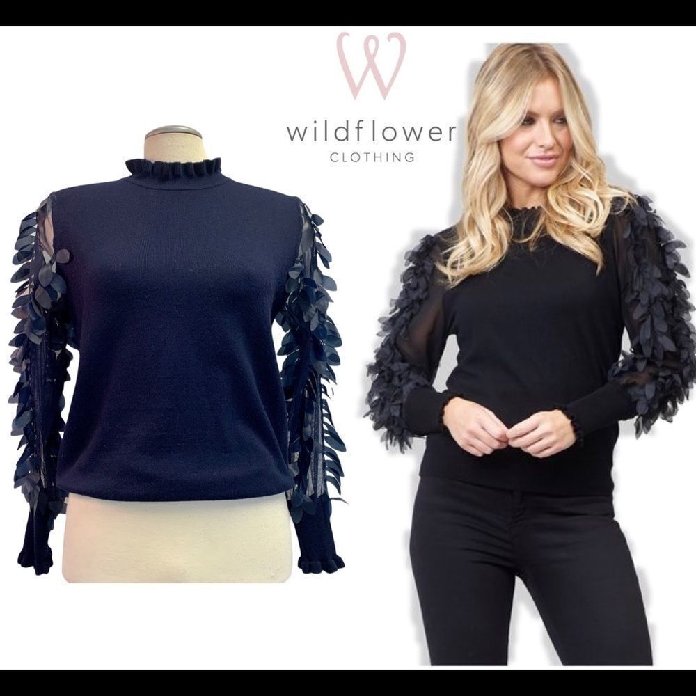 WILD Flower navy blue Leaf Mesh Sleeves sweater Sz XS